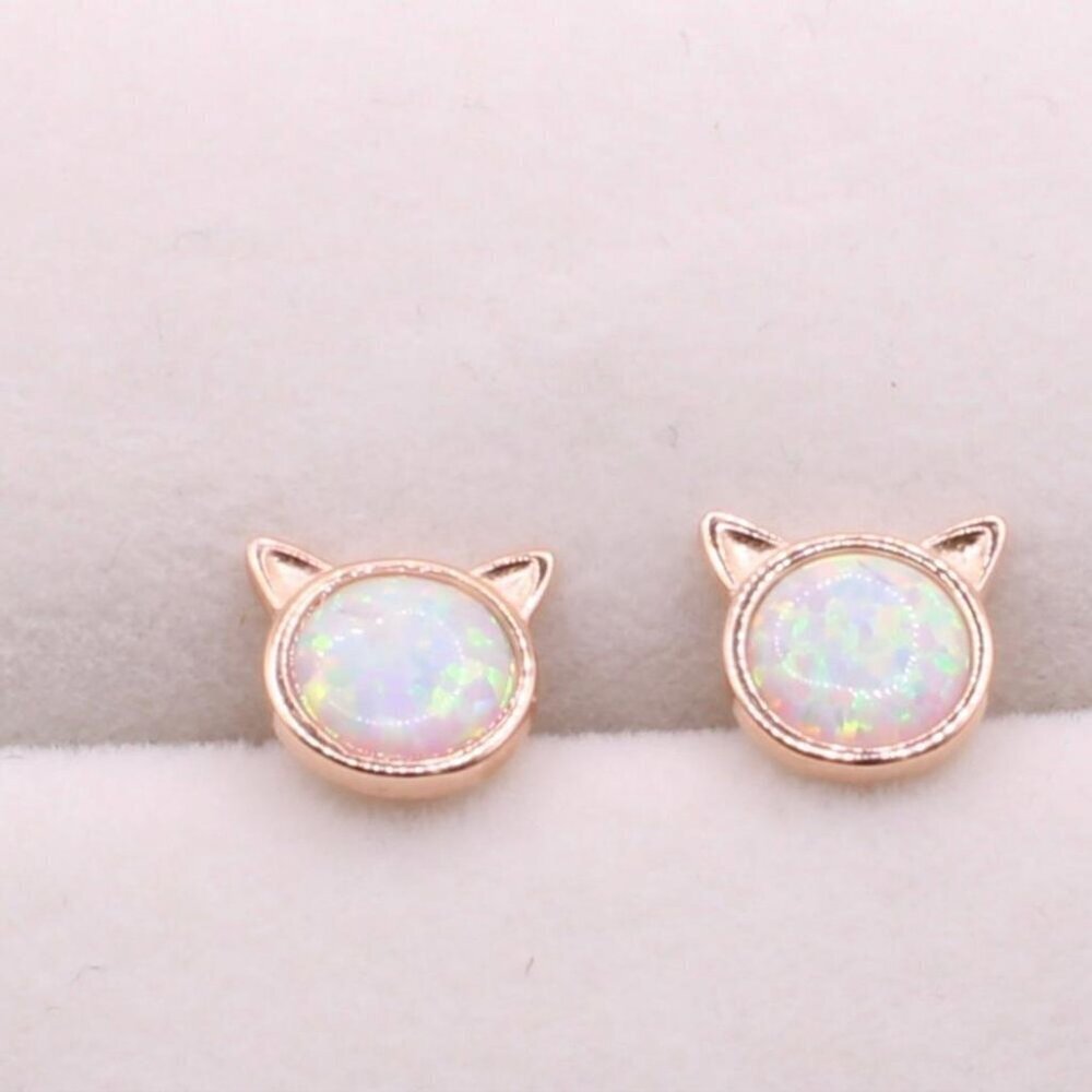 925 Sterling Silver Rose Gold Opal Kitty Cat Stud Earrings - Picture 2 of 5